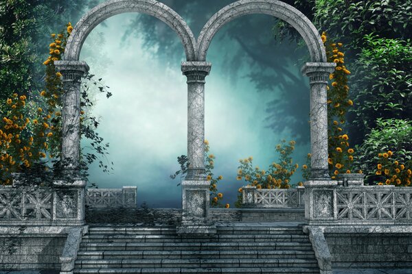 Ancient arch in the misty park