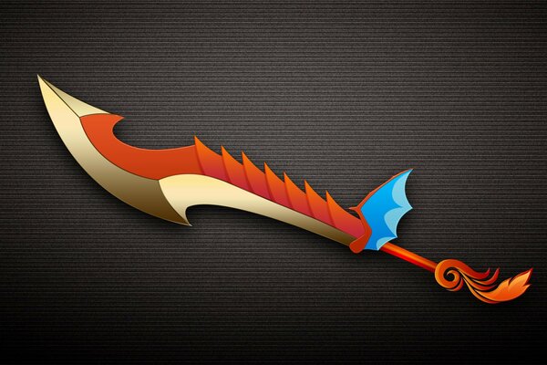 Cuchillo de metal con borde rojo y mango azul sobre fondo oscuro