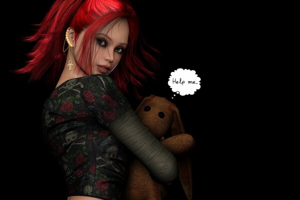 Graphic image of a girl with red hair holding a teddy bear