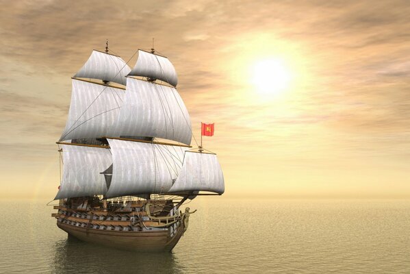 A ship plowing the ocean expanses under the pale radiance of the sun