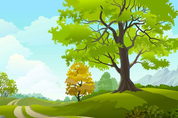 Art in the style of vector graphics. Landscape of the field