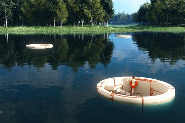 Lake with art objects