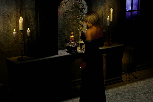 Gothic girl with candles in the dark