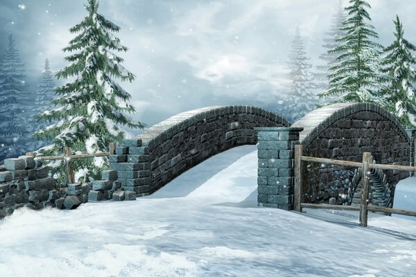 Winter 3d graphics with spruce and bridge