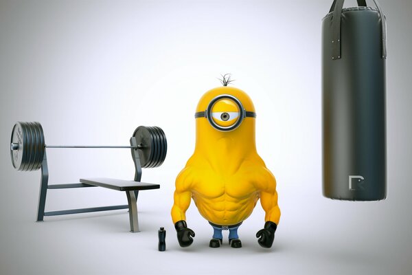 Bodybuilder Minion pompé s entraîne dans la salle de gym