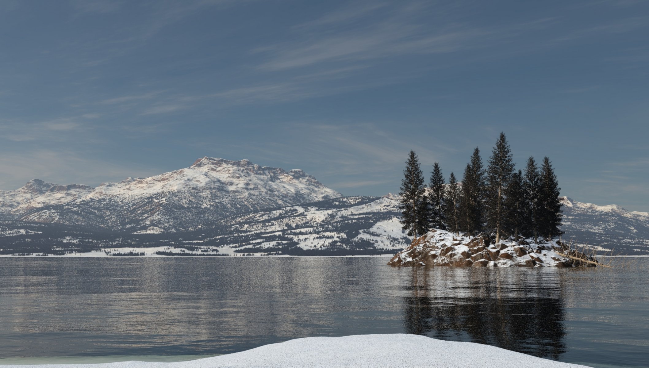 arte lago neve isolotto isola abete rosso alberi montagne riflessione increspature