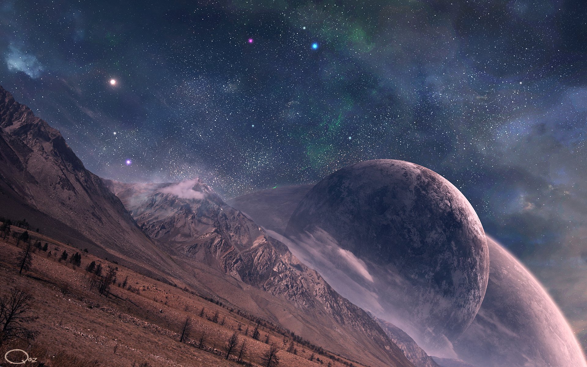 art planets mountains surface view star