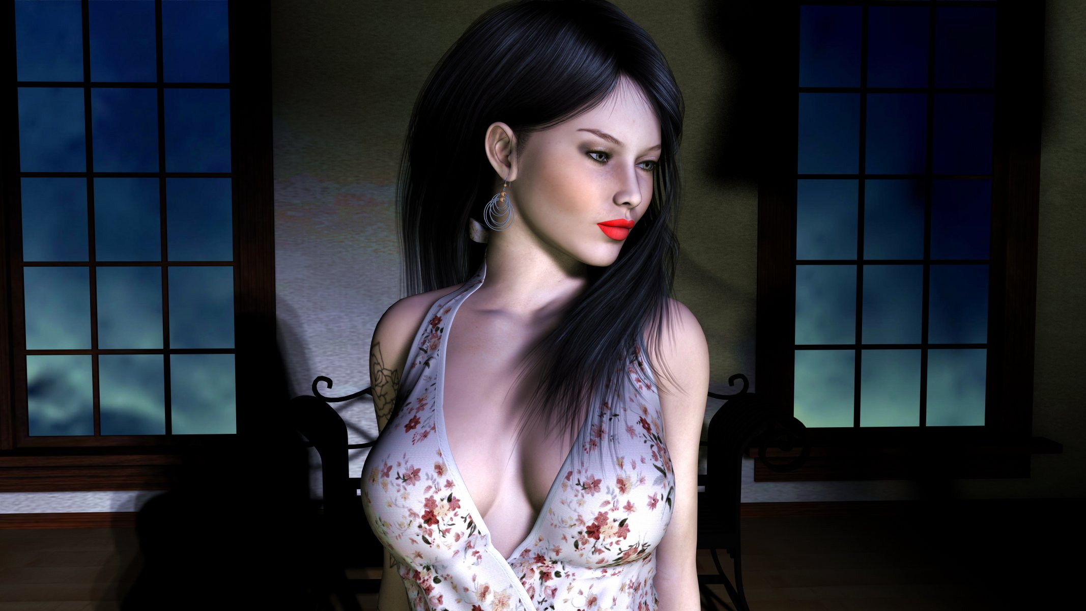 rendering girl face make-up glvzv hair black tattoos earrings room window