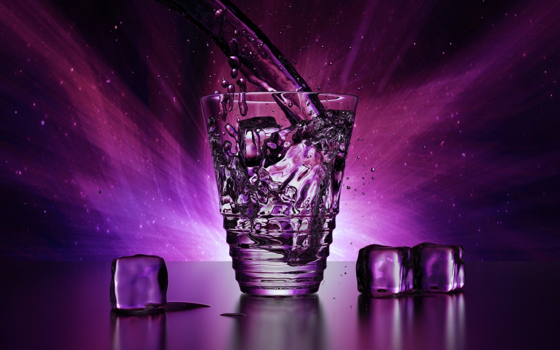 work aksoen wald rendering blender blender 2.62 glass transparent next pieces of ice blocks cube three drops spray purple water light brightness beauty shine effect