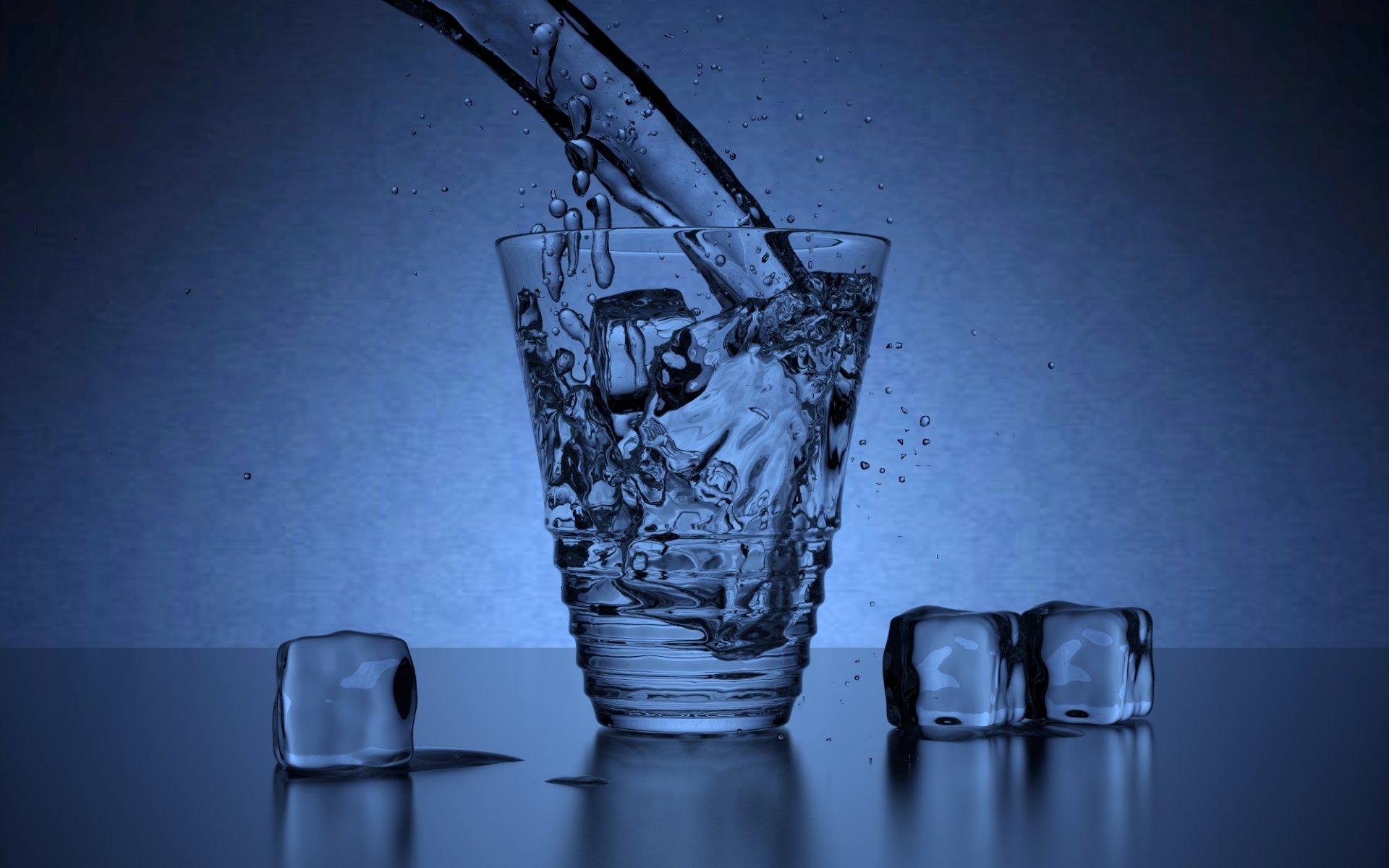 aksoen wald arbeit rendering mixer glas glas transparent eis eisschollen würfel würfel tropfen spritzer blauer hintergrund blau wasser licht realismus