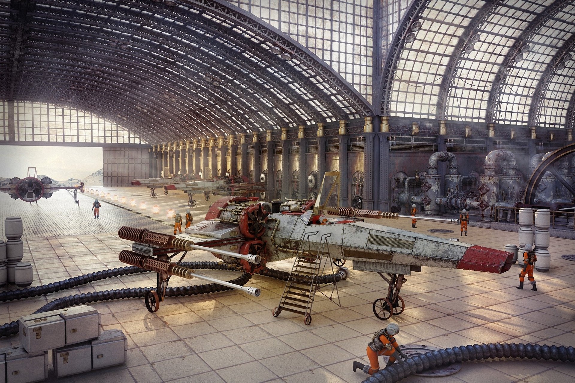 kunst star wars steampunk hangar menschen schiff