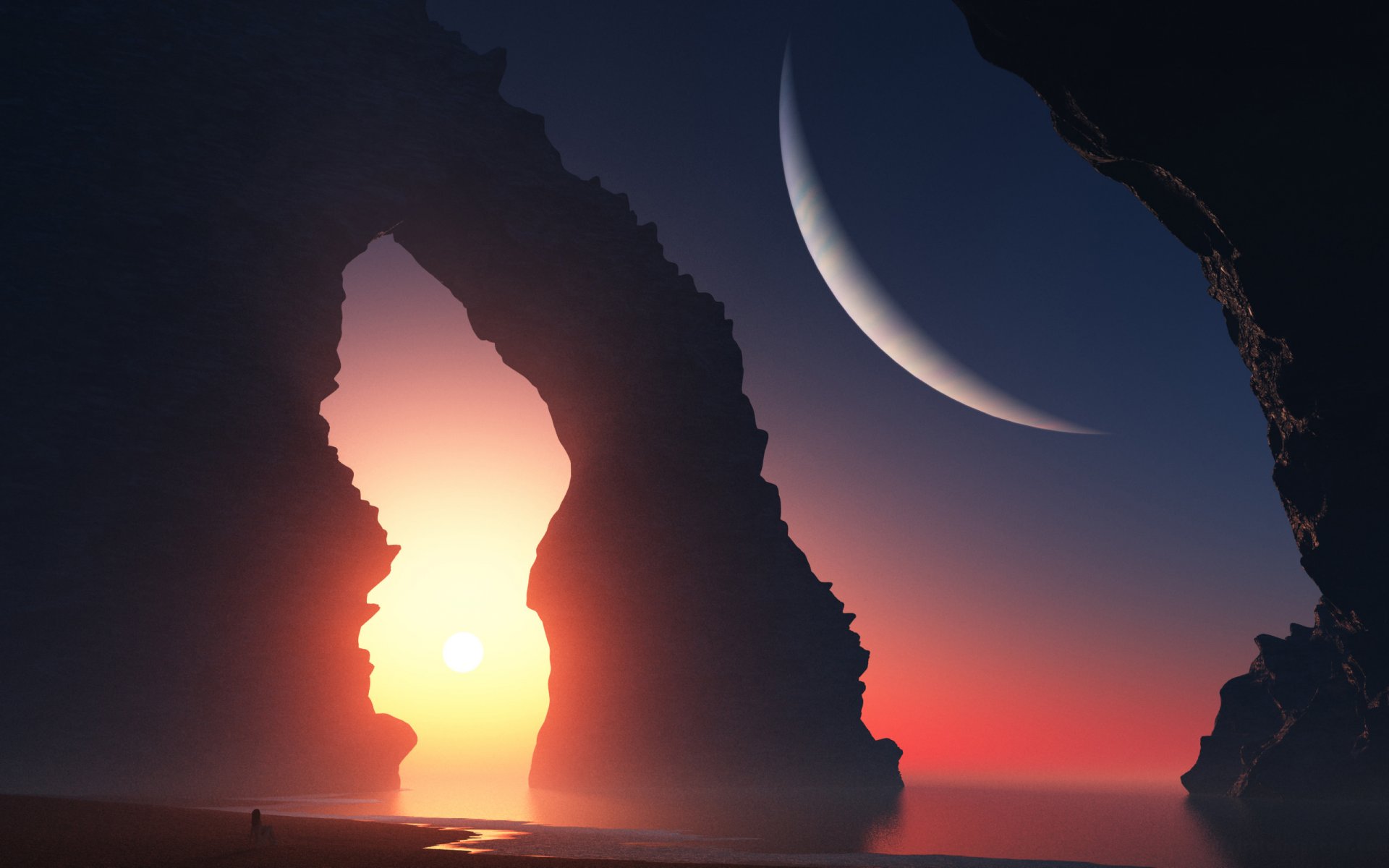 art landscape rock sea sunset planet arch girl