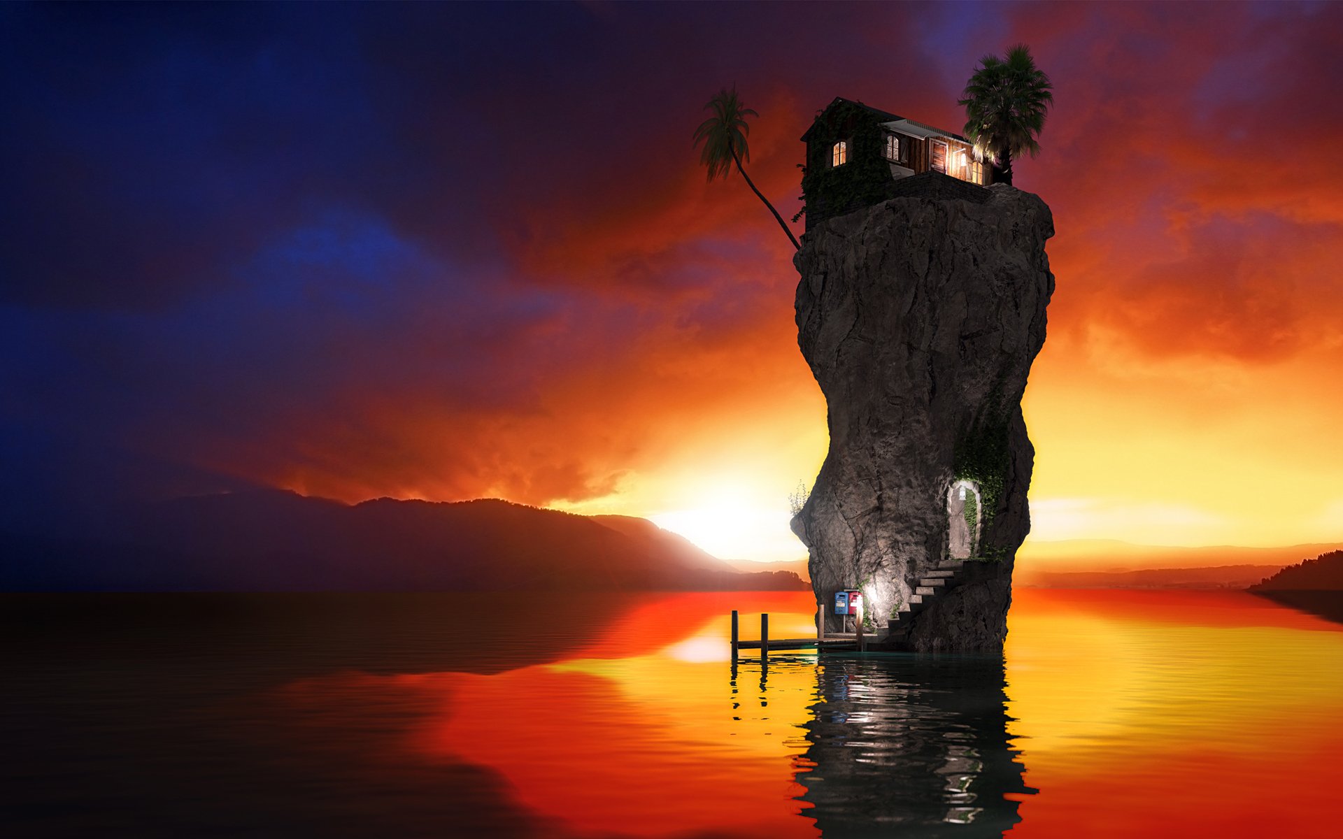 abend 3d render rock haus ozean