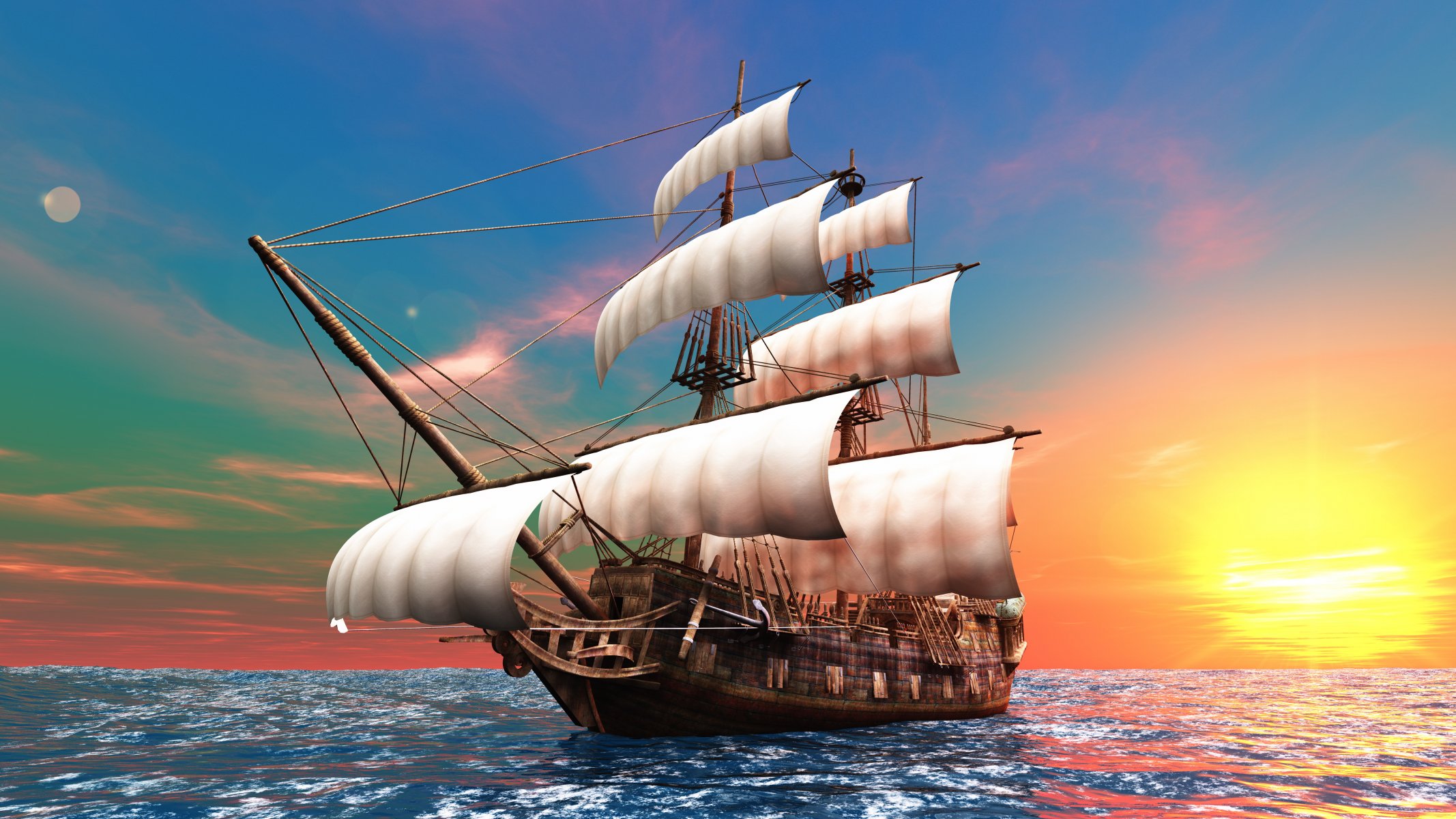 brig ship sailboats mast sail bowsprit ocean dawn sun graphics 3d