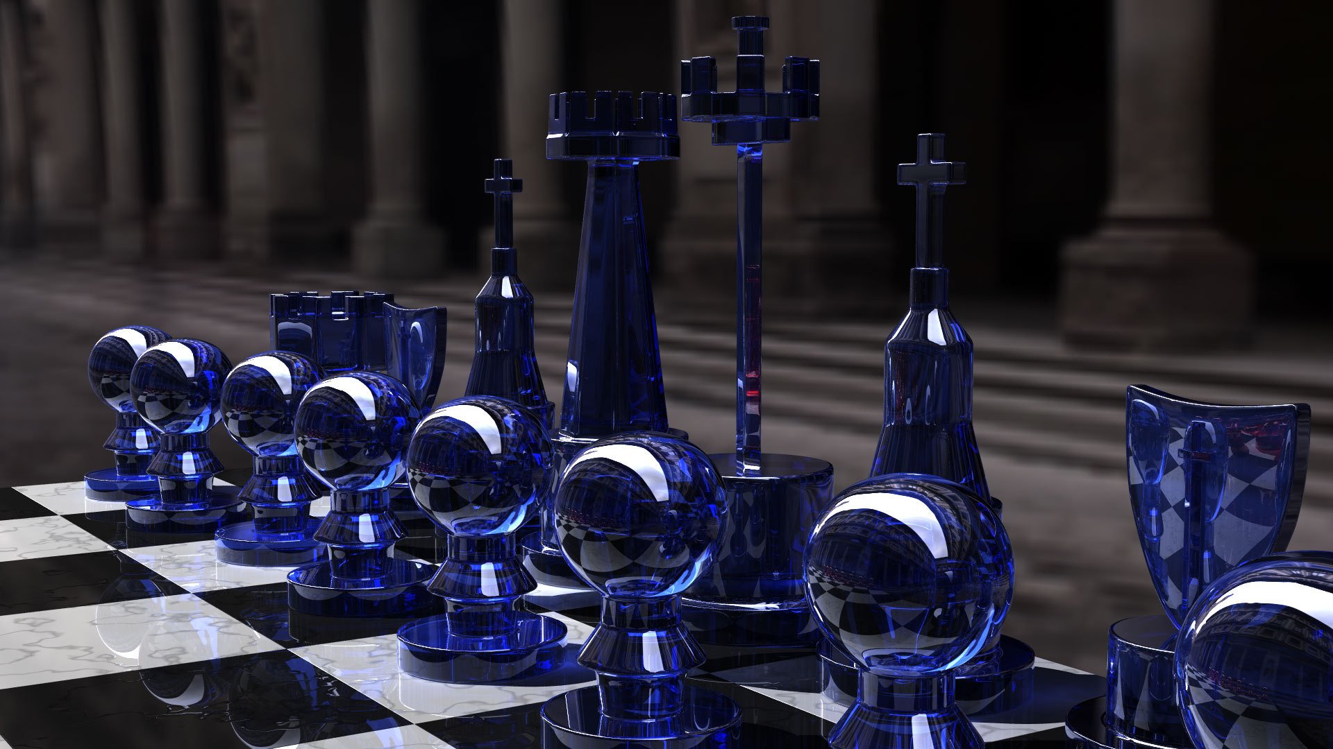 chess set blue side kjasi rendering glass chess game strategy figures pawn blue glass board