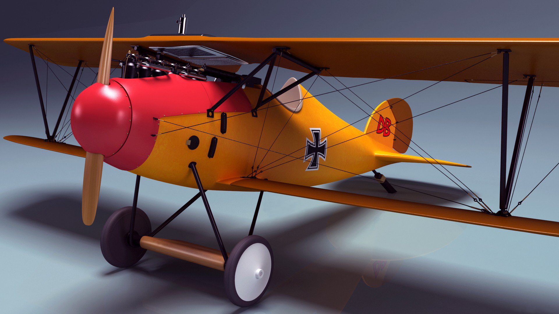 arte retro avión alemania biplano albatros diii potencia motor 165 cv velocidad vuelo 165 km-h práctico techo 5000m dos ametralladoras primera guerra mundial primera guerra mundial renderizado visualización 3d