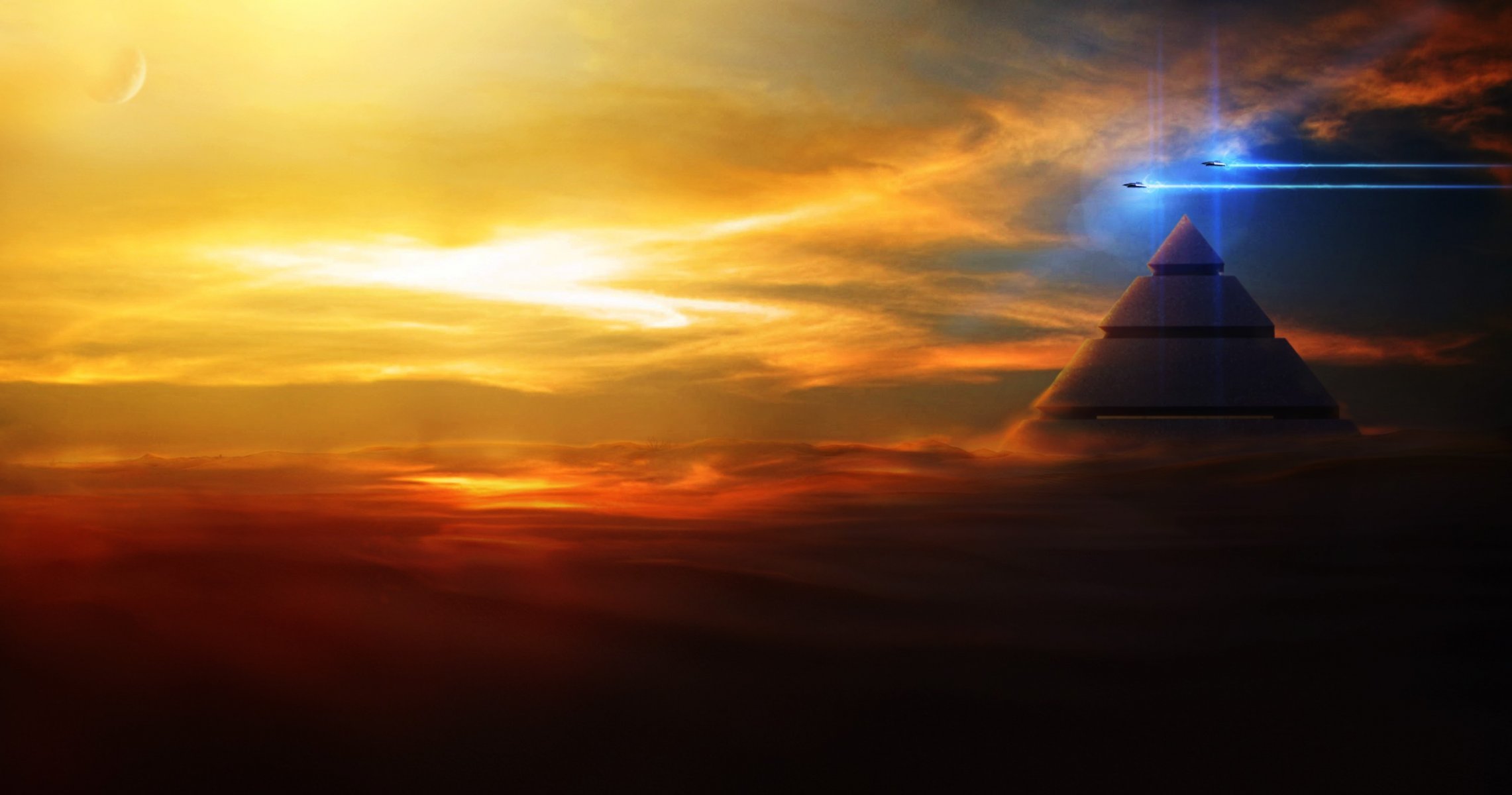 arte piramide navi nel cielo volo nuvole tramonto