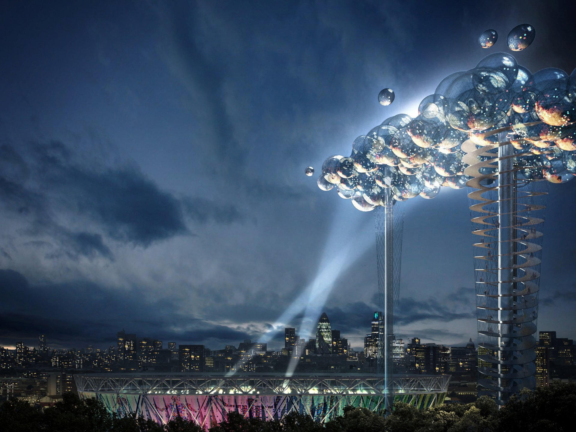 le projet des jeux olympiques de 2012 de l énergie productive nuage les boules le stade la tour les rayons de lumière londres royaume-uni vue de nuit