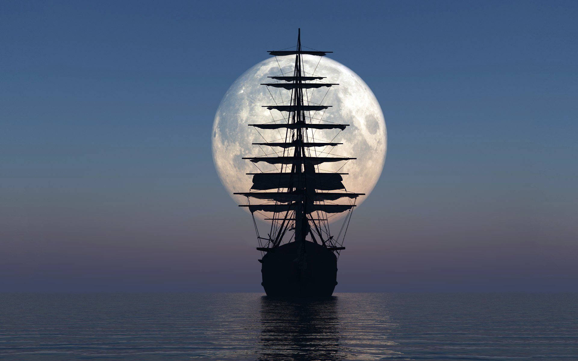 ea ocean ship mast sail silhouette sky moon horizon surface of 3d