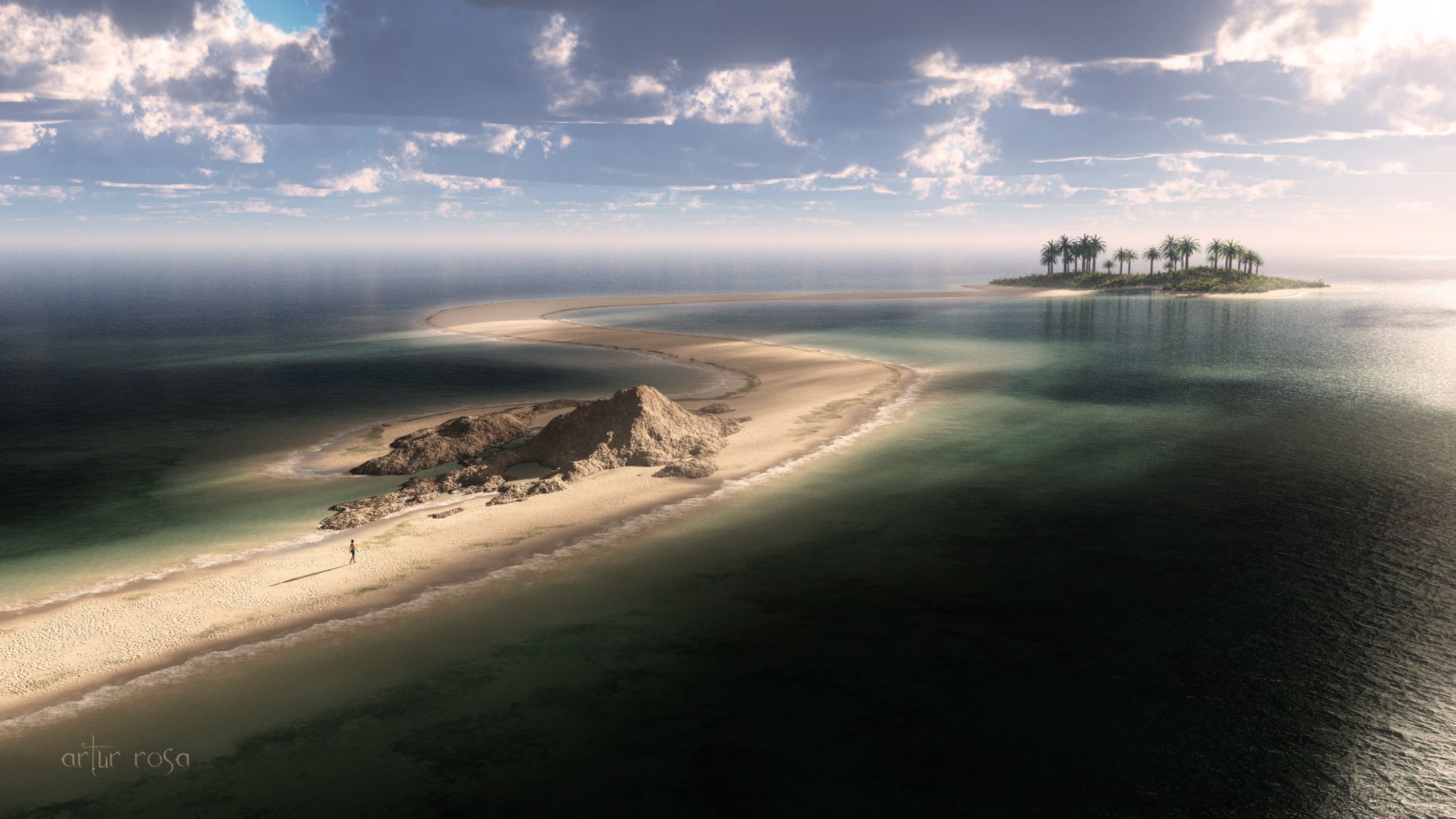 arte océano mar carretera arena hombre isla palmeras nubes vista