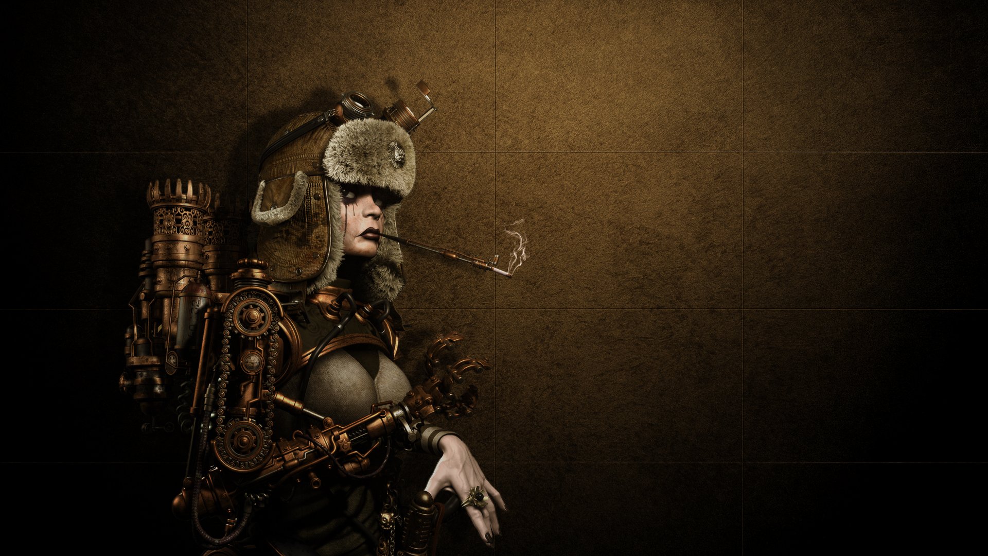 fondo chica mecanismo metal robot fuma sombrero anillo steampunk