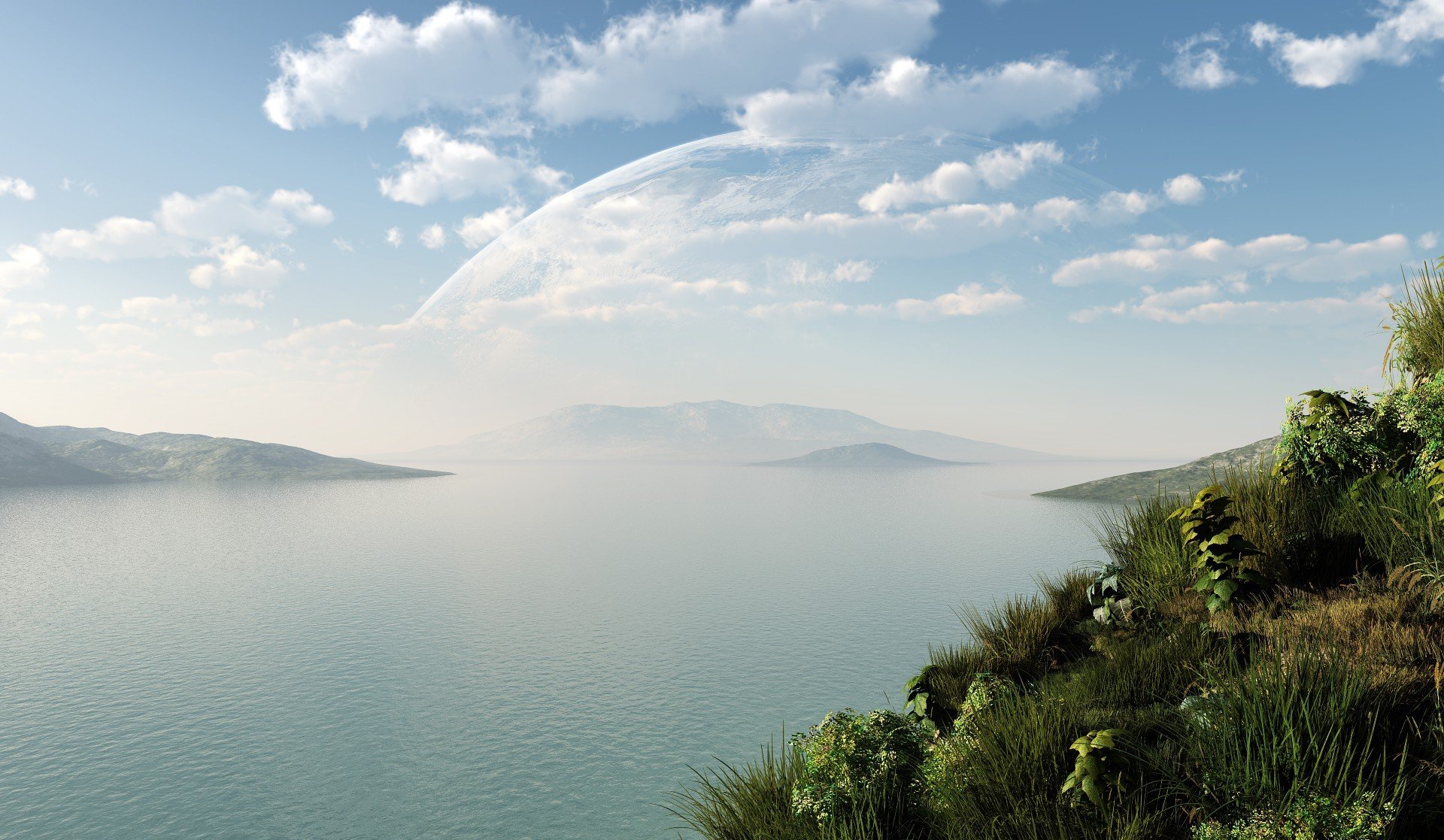 art landscape lake river water hills green grass clouds planet