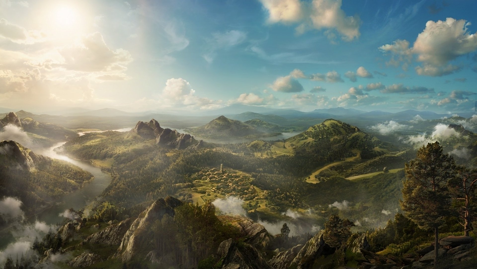 kunst landschaft panorama ansicht fluss berge hügel felsen bäume wolken höhe siedlung dorf