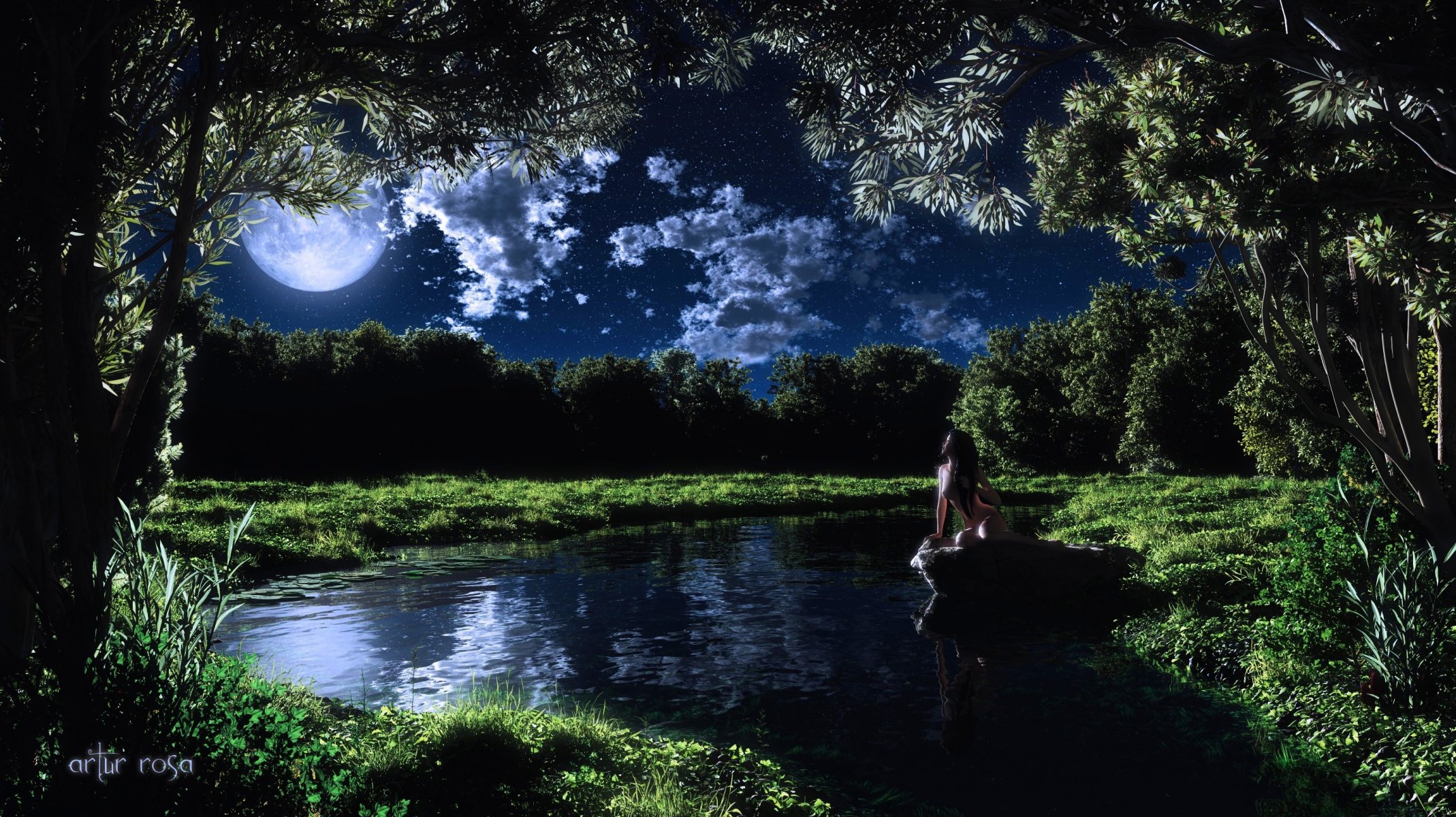 art fille nuit lune lac pierre arbres nu nuages herbe