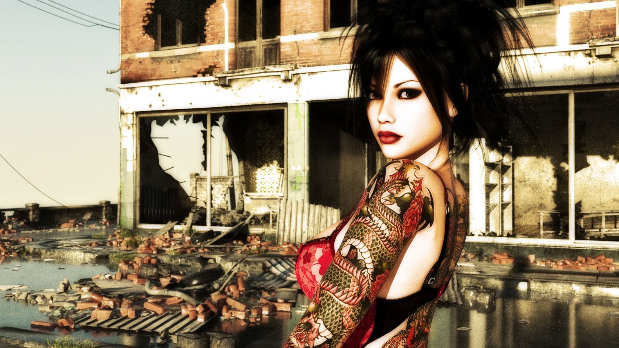 girl tattoos dragon the destroyed building make-up hair style