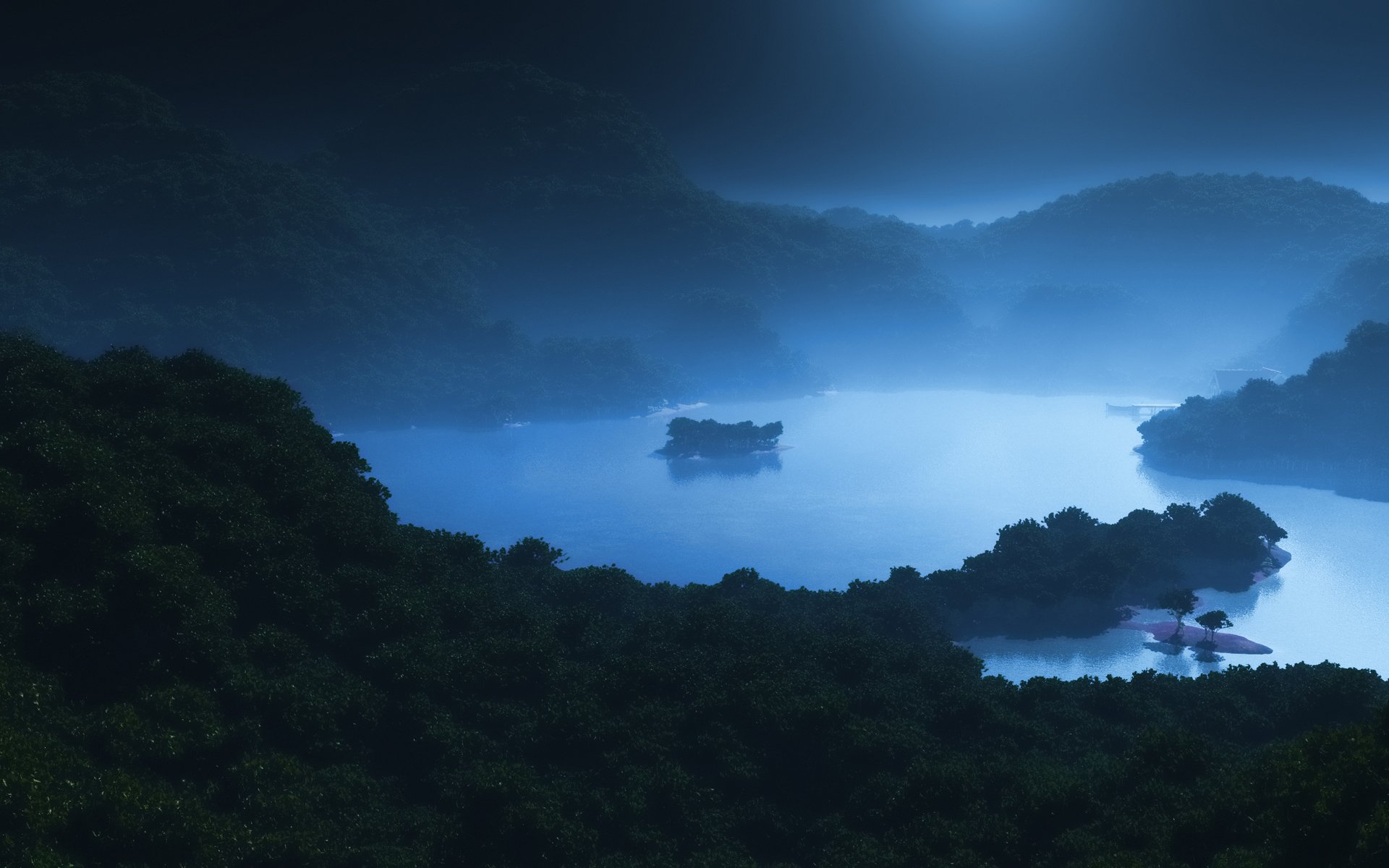 art night islands sea lake fog hills forest moonlight