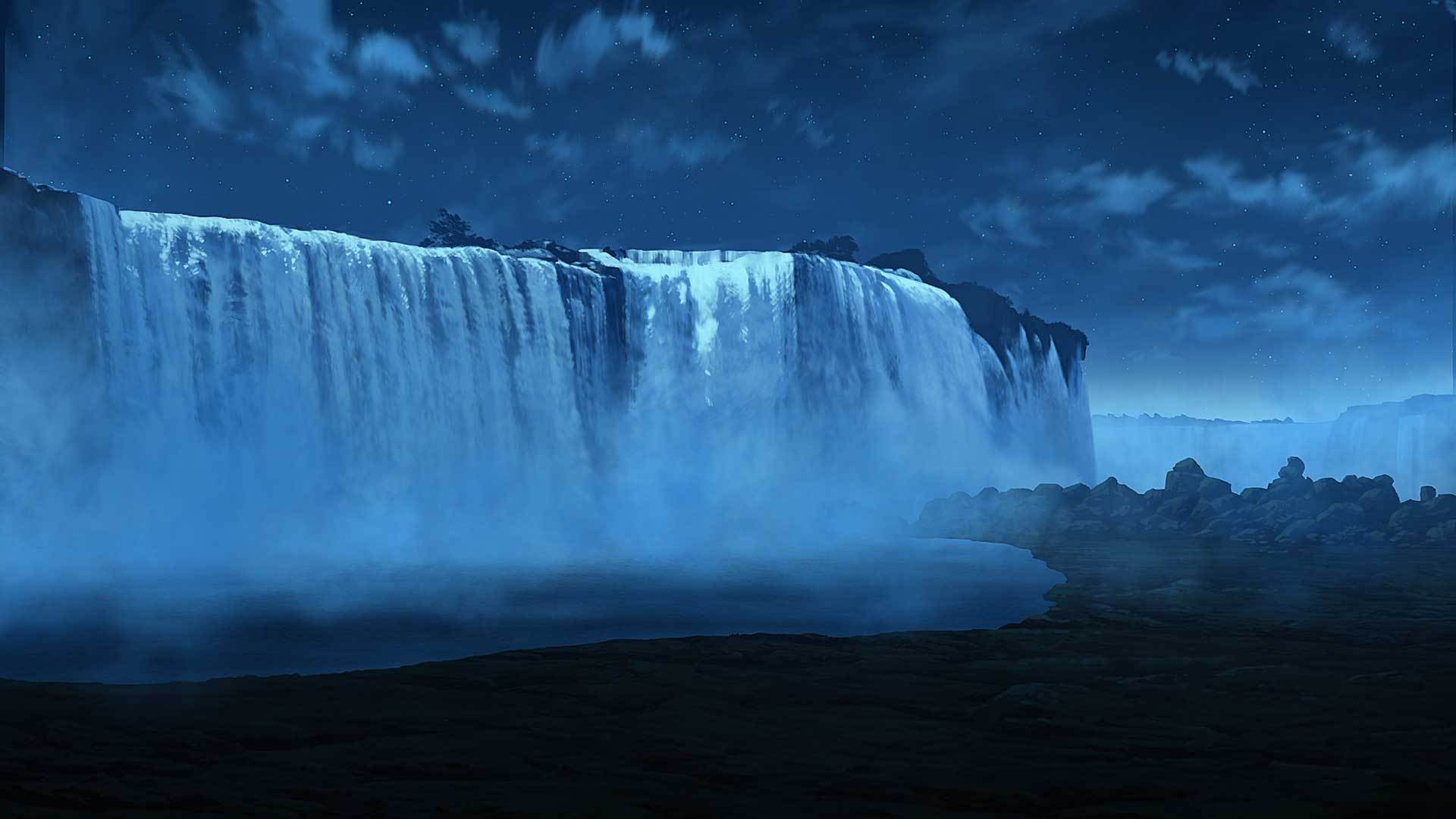 arte noche cascada nubes neblina estrellas