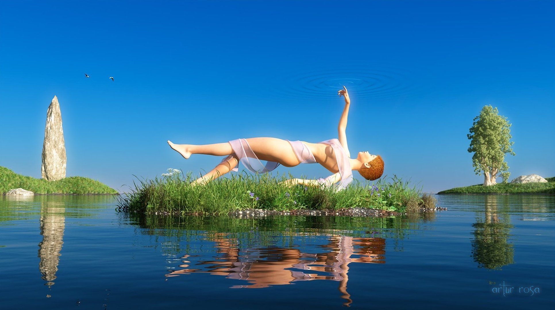 kunst mädchen see wasser insel insel gras bäume stein glatte oberfläche reflexion band stoff streifen hand himmel levitation