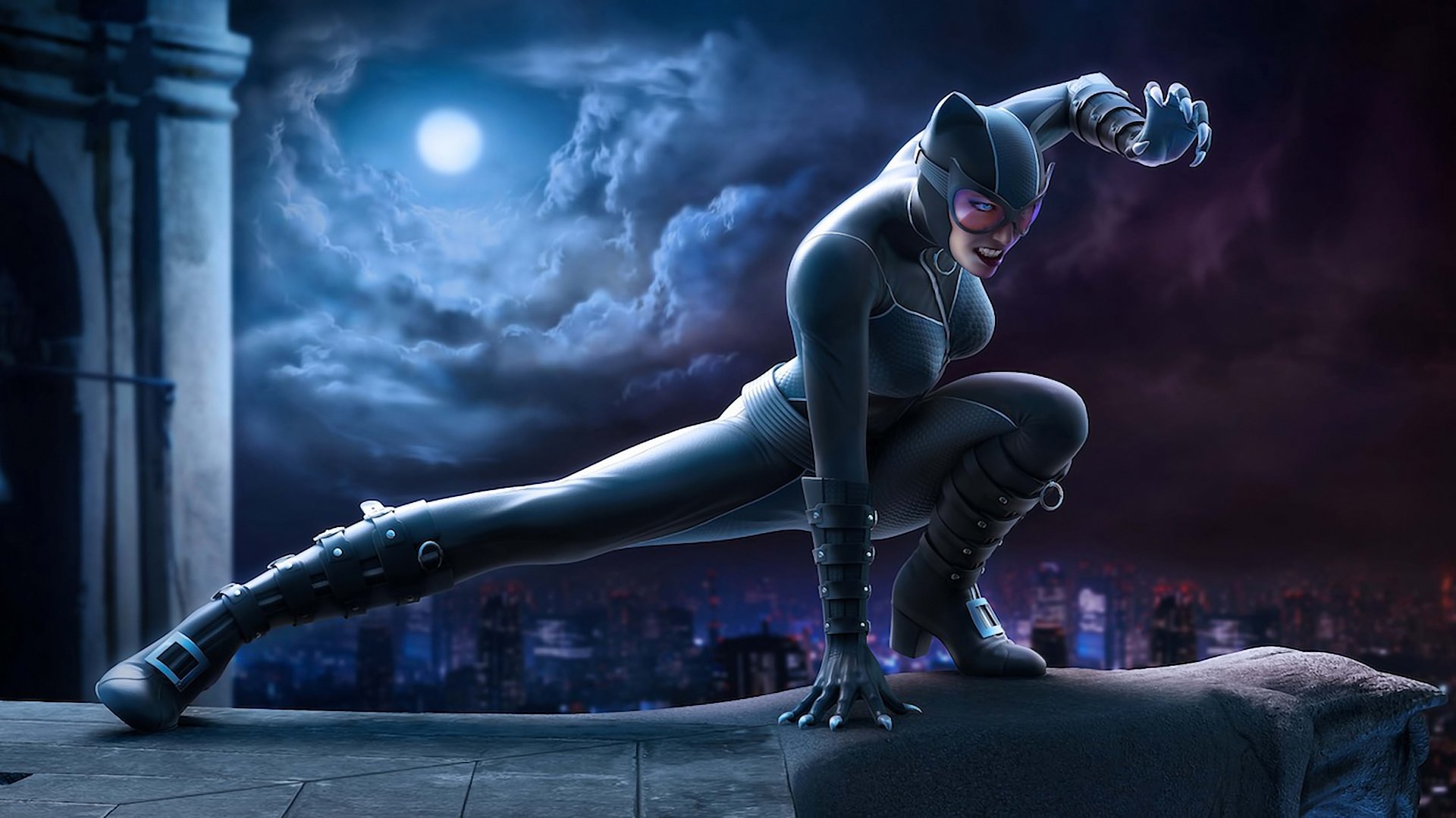 catwoman noche luna ciudad zheshchina gato superhéroe traje látex