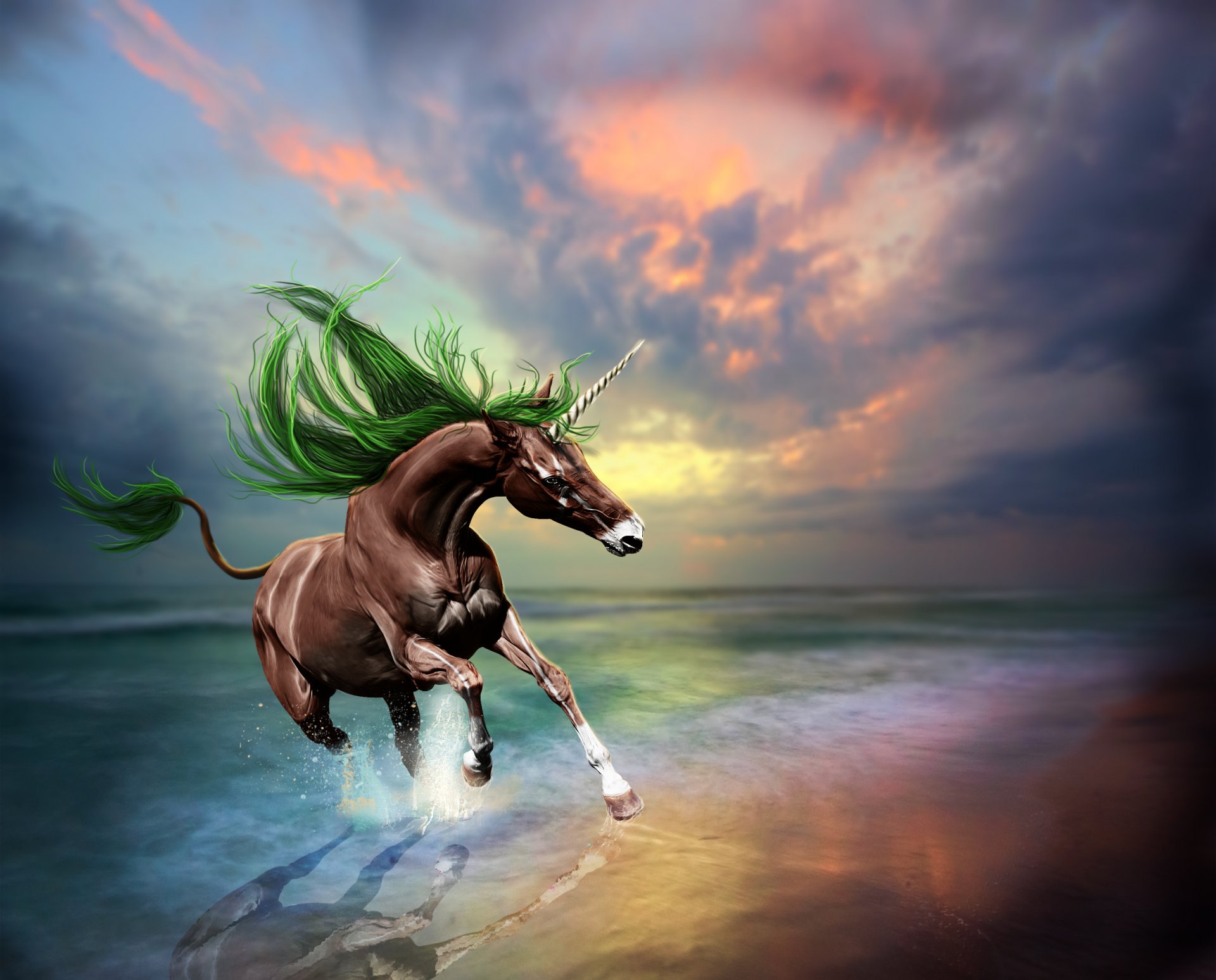 animals horse unicorn jumps sea waves reflection sky sunset 3d art