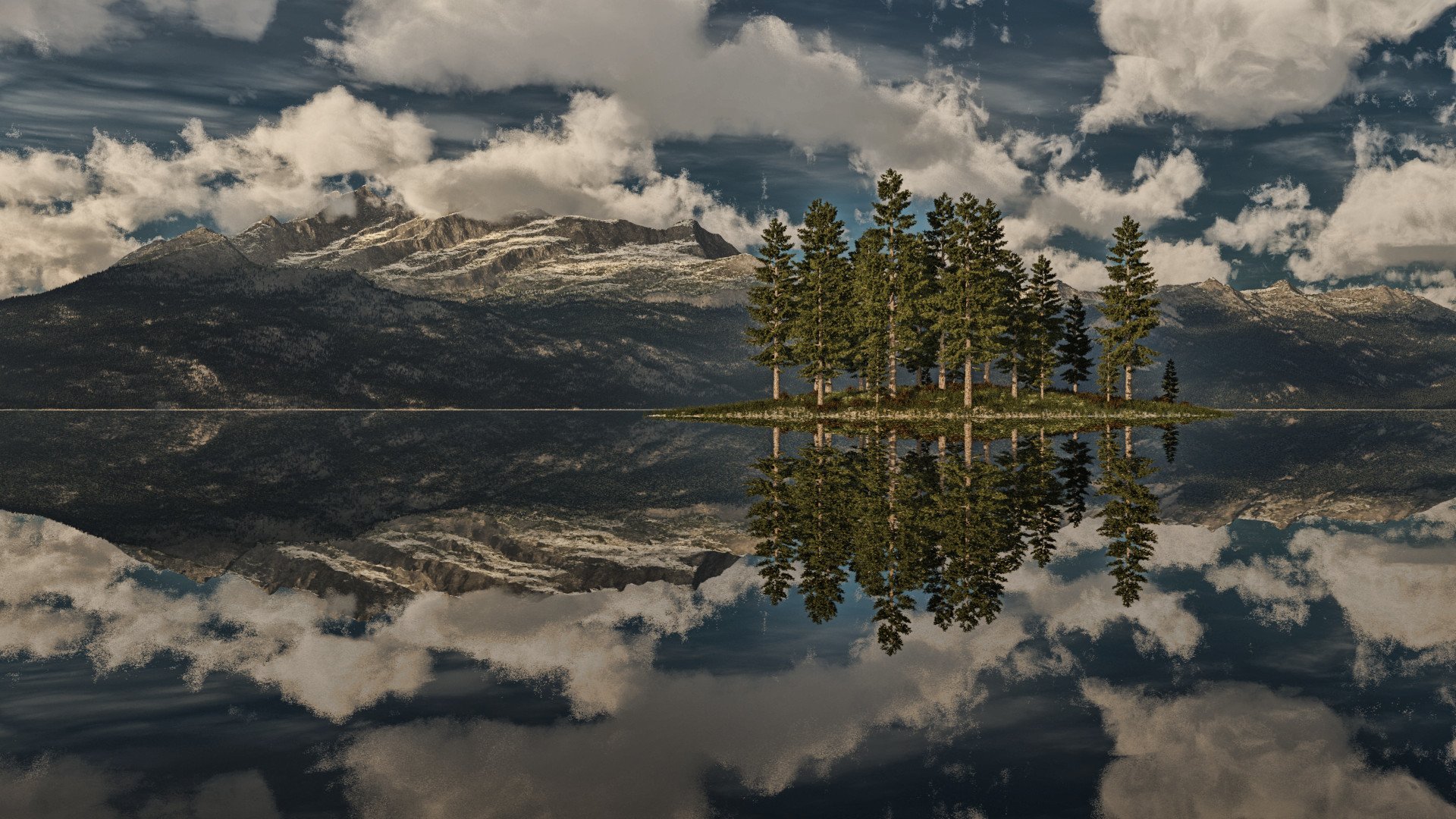 art lake reflection island spruce tree mountain rock cloud