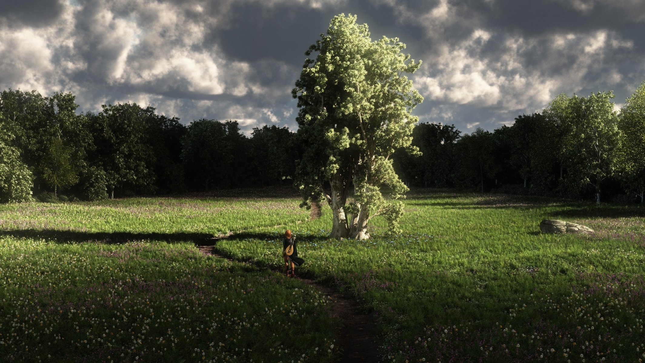 kunst natur gras baum wald mädchen laute fußweg wanderer wolken feld blumen sonnenstrahlen