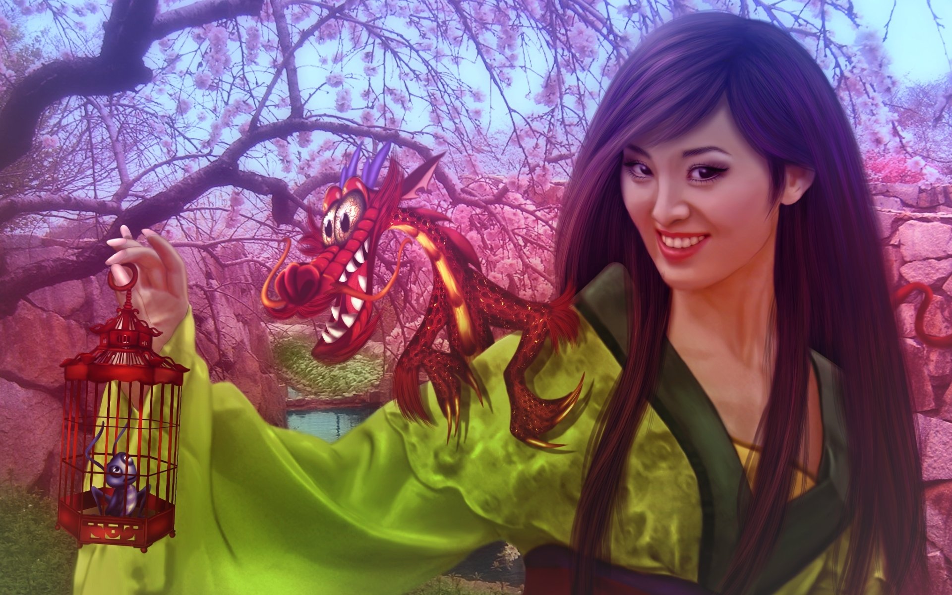 mulan donatella drago walt disney film animowany dziewczyna chiny księżniczka smok fantasy fanart sakura kwiat