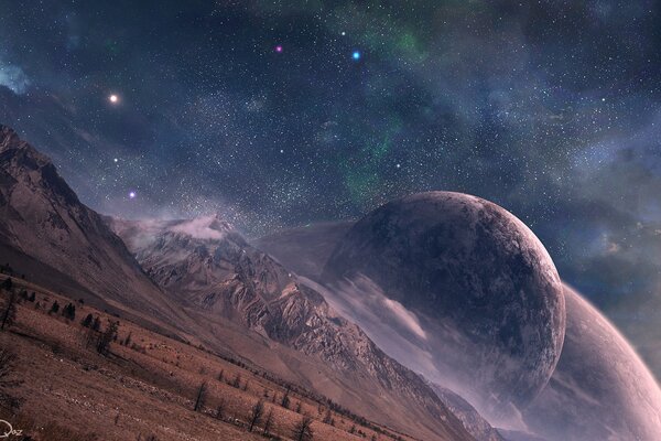 Berge vor dem Hintergrund des Sternenhimmels und der Planeten