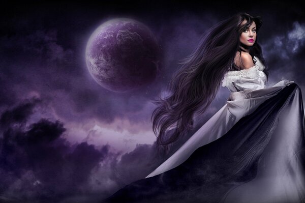 Long-haired girl at night by the moon