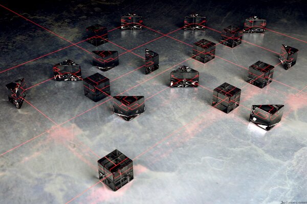 Quadrantenfiguren werden auf dem Boden sortiert und mit einem Laser hervorgehoben