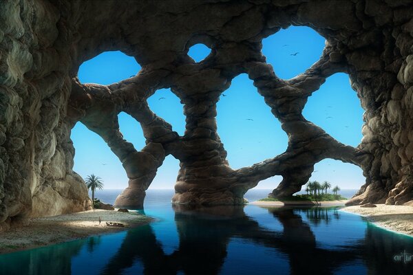 Une magnifique grotte sous la forme de cellules sur le bord de l océan