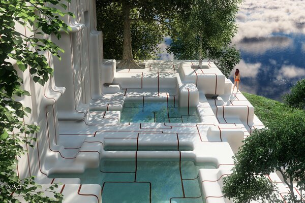 A girl stands near a fantastic style pool