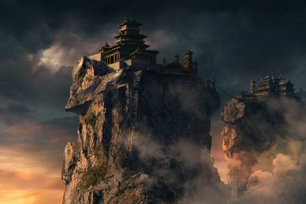 Art, feng liu , temples on rocks and rope bridge