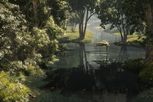 Arte meditativo en el agua en el bosque