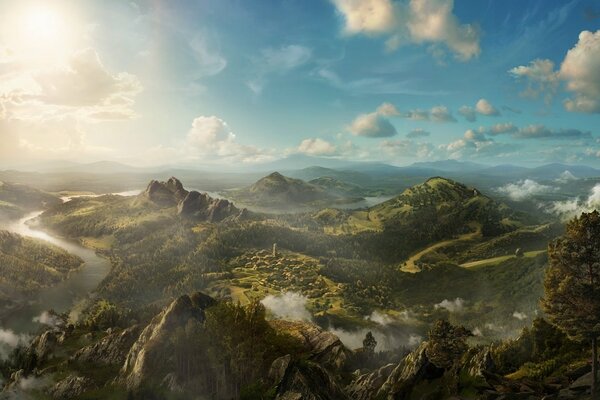 Vista panorámica desde lo alto de pueblos, árboles, ríos y nubes