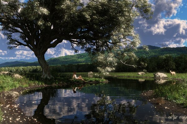 A girl sits under a tree and watches the deer