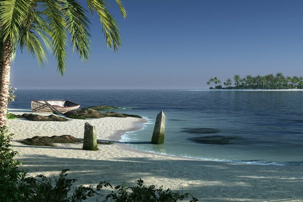 Île tropicale avec palmiers et bateau