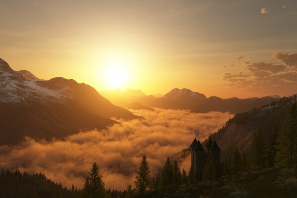 A castle in high snow-capped mountains with clouds passing by in the rays of the sun during sunset