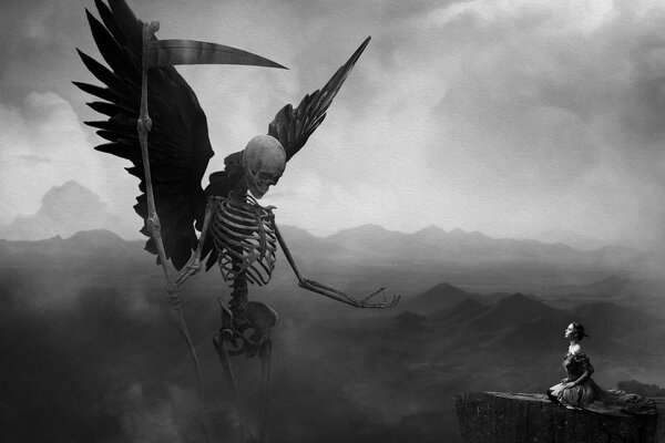 A winged death with a scythe is calling a girl