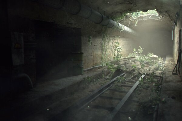 A ruined tunnel with overgrown grass rails